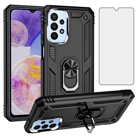 Asuwish Compatible with Samsung Galaxy A23 5G/4G Phone Case Tempered Glass Screen Protector Slim Magnetic Ring Holder Stand Hybrid Protective Cell Cover for A 23 23A 6.6 Women Men Black
