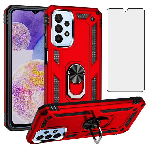 Asuwish Compatible with Samsung Galaxy A23 5G/4G Phone Case Tempered Glass Screen Protector Slim Magnetic Ring Holder Stand Hybrid Protective Cell Cover for A 23 23A 6.6 Women Men Red