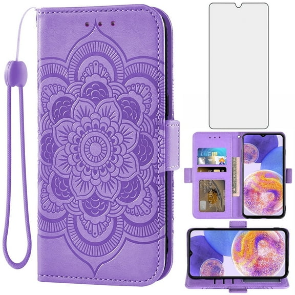 Asuwish Compatible with Samsung Galaxy A23 5G/4G Wallet Phone Case and Tempered Glass Screen Protector Flip Credit Card Holder Stand Mandala Flower Cell Cover for A 23 23A 6.6 Women Purple