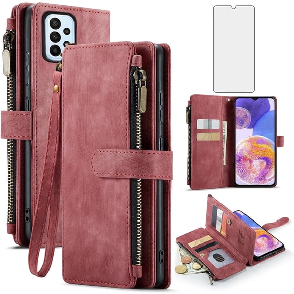 Asuwish Kickstand Hard Shell Wallet Cell Phone Case with Tempered Glass Screen Protector for Samsung Galaxy A23, Red