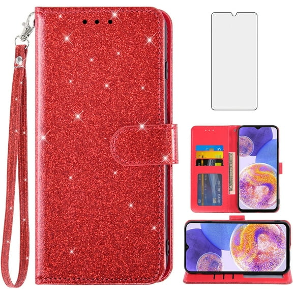 Asuwish Compatible with Samsung Galaxy A23 5G/4G Wallet Phone Case and Tempered Glass Screen Protector Flip Credit Card Holder Stand Bling Glitter Cell Cover for A 23 23A 6.6 Women Men Red