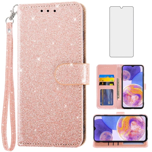 Asuwish Compatible with Samsung Galaxy A23 5G/4G Wallet Phone Case and Tempered Glass Screen Protector Flip Credit Card Holder Stand Bling Glitter Cell Cover for A 23 23A 6.6 Women Men Pink