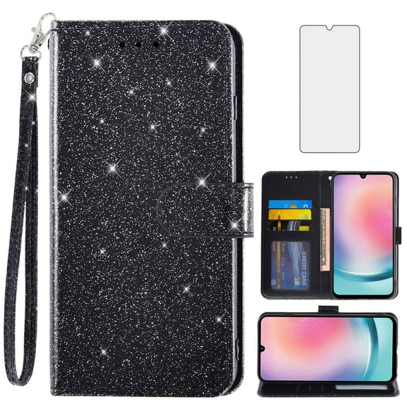 Asuwish Compatible with Samsung Galaxy A24 4G/5G Wallet Phone Case and Tempered Glass Screen Protector Flip Credit Card Holder Stand Bling Glitter Cell Cover for A 24 24A Lte Women Black