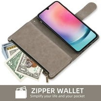 Compatible with Samsung Galaxy A24 4G/5G Wallet Phone Case and Tempered Glass Screen Protector Flower Faux Leather Flip Credit Card Holder Stand Zipper Cell Cover for A 24 24A Lte Women Grey