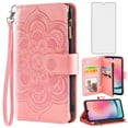 thumbnail image 1 of Compatible with Samsung Galaxy A24 4G/5G Wallet Phone Case and Tempered Glass Screen Protector Flower Faux Leather Flip Credit Card Holder Stand Zipper Cell Cover for A 24 24A Lte Women Pink, 1 of 8