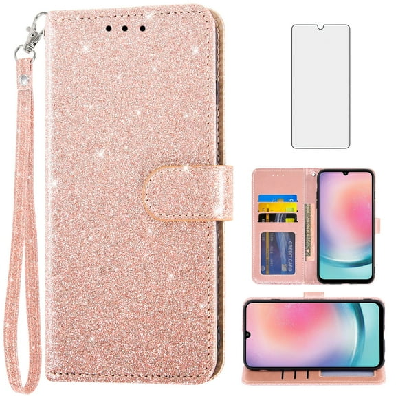 Asuwish Compatible with Samsung Galaxy A24 4G/5G Wallet Phone Case and Tempered Glass Screen Protector Flip Credit Card Holder Stand Bling Glitter Cell Cover for A 24 24A Lte Women Pink