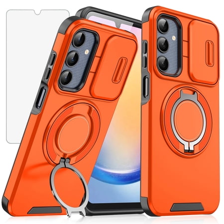 Asuwish Compatible with Samsung Galaxy A25 5G Phone Case Slide Camera Cover Tempered Glass Screen Protector Stand Ring Holder Rugged Slim Cell for A 25 25A SM-A256U Women Men Orange