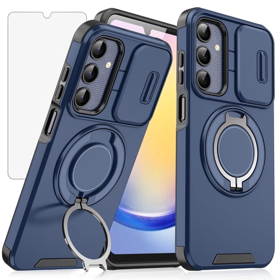 Asuwish Compatible with Samsung Galaxy A25 5G Phone Case Slide Camera Cover Tempered Glass Screen Protector Stand Ring Holder Rugged Slim Cell for A 25 25A SM-A256U Women Men Blue