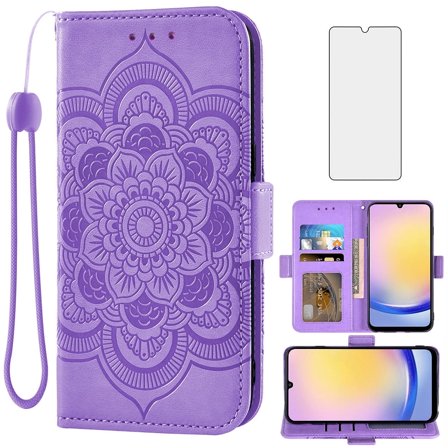 Asuwish Compatible with Samsung Galaxy A25 5G Wallet Phone Case and Tempered Glass Screen Protector Flip Credit Card Holder Stand Mandala Flower Cell Cover for A 25 25A SM-A256U Women Men Purple