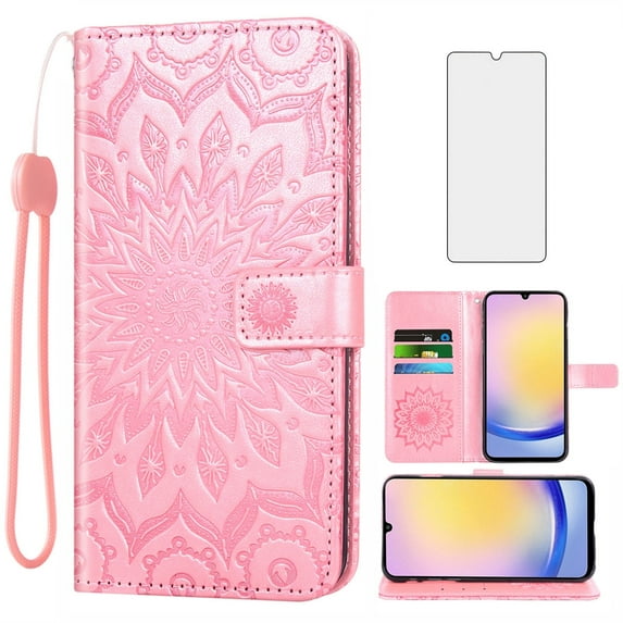 Asuwish Compatible with Samsung Galaxy A25 5G Wallet Phone Case and Tempered Glass Screen Protector Flip Credit Card Holder Stand Mandala Flower Cell Cover for A 25 25A SM-A256U Women Men Pink