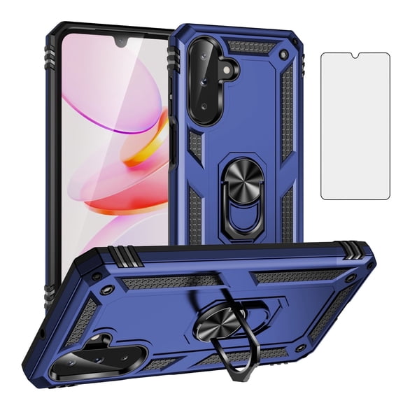 Asuwish Compatible with Samsung Galaxy A26 5G Phone Case Tempered Glass Screen Protector Slim Magnetic Ring Holder Stand Hybrid Protective Cell Cover for A 26 Women Men Blue