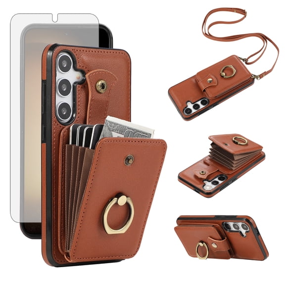 Asuwish Compatible with Samsung Galaxy A26 5G Wallet Phone Case Screen Protector Ring Crossbody Strap Stand Credit Card Holder RFID Cell Cover for A 26 26A LTE Women Girls Brown