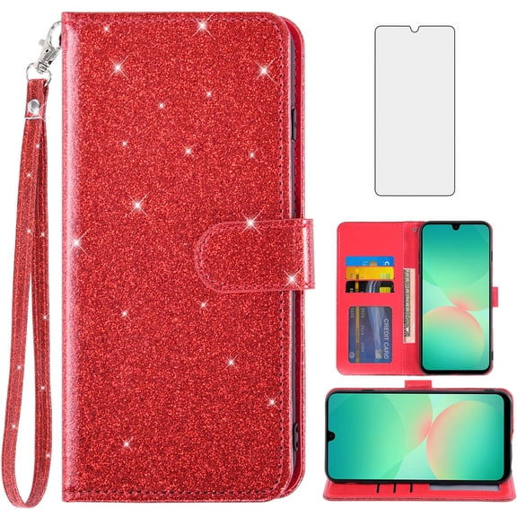 Asuwish Compatible with Samsung Galaxy A26 5G Wallet Phone Case and Tempered Glass Screen Protector Flip Credit Card Holder Stand Bling Glitter Cell Cover for A 26 26A LTE Women Men Red
