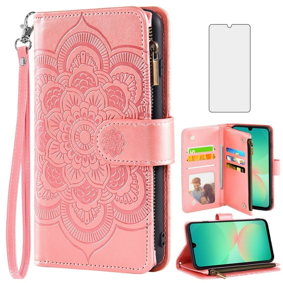 Asuwish Compatible with Samsung Galaxy A26 5G Wallet Phone Case and Tempered Glass Screen Protector Flower Faux Leather Flip Credit Card Holder Stand Zipper Cell Cover for A 26 26A LTE Women Pink
