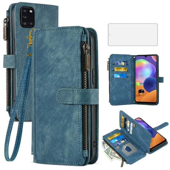 Asuwish Compatible with Samsung Galaxy A31 Wallet Phone Case and Tempered Glass Screen Protector Faux Leather Flip Credit Card Holder Stand Zipper Slot Cell Cover for A 31 4G 31A A315G Women Blue