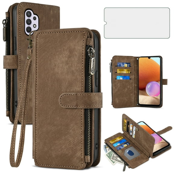 Asuwish Compatible with Samsung Galaxy A32 4G 6.4 inch Wallet Phone Case and Tempered Glass Screen Protector Faux Leather Flip Card Holder Zipper Cell Cover for A 32 32A S32 G4 SM-A325M/DS Brown