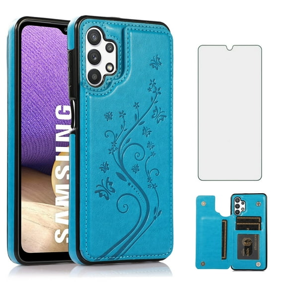 Asuwish Compatible with Samsung Galaxy A32 5G 2021 6.5 inch Wallet Phone Case Tempered Glass Screen Protector and Flower Card Holder Stand Cell Cover for M32 G5 A 32 32A S32 SM-A326U A326U Women Blue