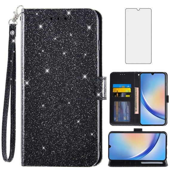 Asuwish Compatible with Samsung Galaxy A34 5G Wallet Phone Case and Tempered Glass Screen Protector Flip Credit Card Holder Stand Bling Glitter Cell Cover for A 34 34A Women Men Black