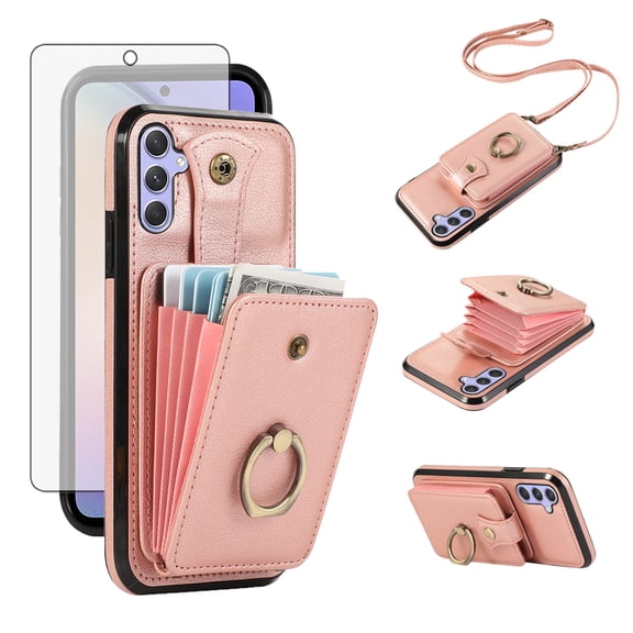 Asuwish Compatible with Samsung Galaxy A35 5G Wallet Phone Case Screen Protector Ring Crossbody Strap Stand Credit Card Holder RFID Cell Cover for A 35 35A A355G Women Girls Rose Gold