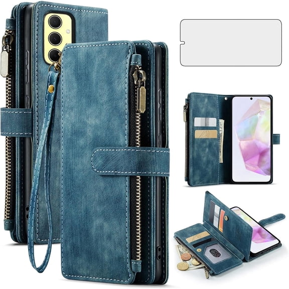 Asuwish Kickstand Hard Shell Wallet Cell Phone Case with Tempered Glass Screen Protector for Samsung Galaxy A35, Blue