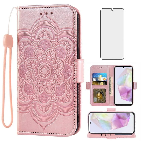 Asuwish Compatible with Samsung Galaxy A35 5G Wallet Phone Case and Tempered Glass Screen Protector Flip Credit Card Holder Stand Mandala Flower Cell Cover for A 35 35A A355G Women Men Pink