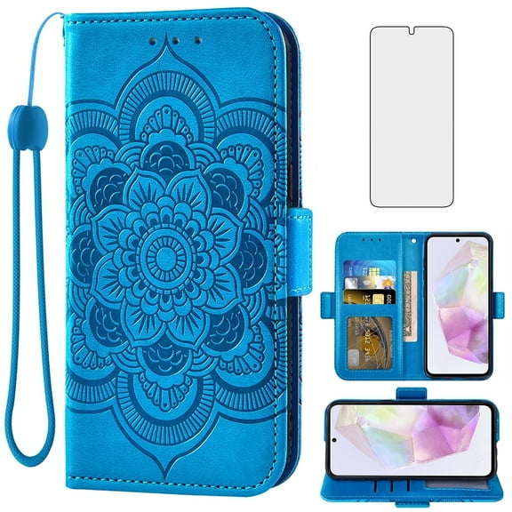 Asuwish Compatible with Samsung Galaxy A35 5G Wallet Phone Case and Tempered Glass Screen Protector Flip Credit Card Holder Stand Mandala Flower Cell Cover for A 35 35A A355G Women Men Blue