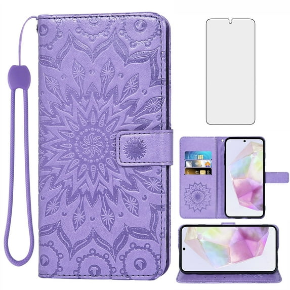 Asuwish Compatible with Samsung Galaxy A35 5G Wallet Phone Case and Tempered Glass Screen Protector Flip Credit Card Holder Stand Mandala Flower Cell Cover for A 35 35A A355G Women Men Purple