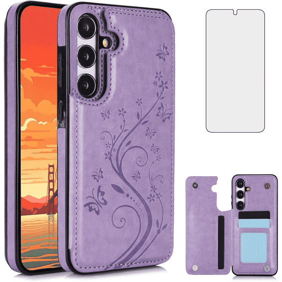 Asuwish Compatible with Samsung Galaxy A35 5G Wallet Phone Case Tempered Glass Screen Protector and Flower PU Leather Credit Card Holder Stand Slot Flip Cell Cover for A 35 35A A355G Women Men Purple