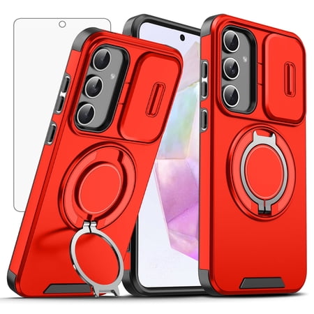 Asuwish Compatible with Samsung Galaxy A35/A55 5G Phone Case Slide Camera Cover Tempered Glass Screen Protector Stand Ring Holder Rugged Slim Cell for A 35 55 35A 55A A555G A355G Women Men Red