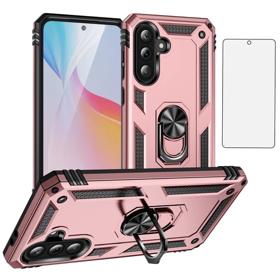 Asuwish Compatible with Samsung Galaxy A36 5G Phone Case Tempered Glass Screen Protector Slim Magnetic Ring Holder Stand Hybrid Protective Cell Cover for A 36 Women Men Pink