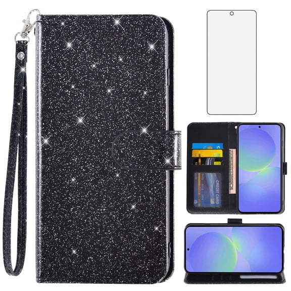 Asuwish Compatible with Samsung Galaxy A36 5G Wallet Phone Case and Tempered Glass Screen Protector Flip Credit Card Holder Stand Bling Glitter Cell Cover for A 36 36A LTE SM-A366U Women Men Black
