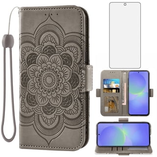 Asuwish Compatible with Samsung Galaxy A36 5G Wallet Phone Case and Tempered Glass Screen Protector Flip Credit Card Holder Stand Mandala Flower Cell Cover for A 36 36A LTE SM-A366U Women Gray