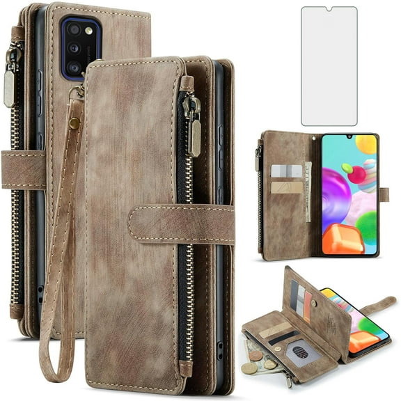 Asuwish Compatible with Samsung Galaxy A41 Wallet Phone Case and Tempered Glass Screen Protector Faux Leather Flip Credit Card Holder Stand Zipper Slot Folio Cell Cover for A 41 4G 41A Women Brown
