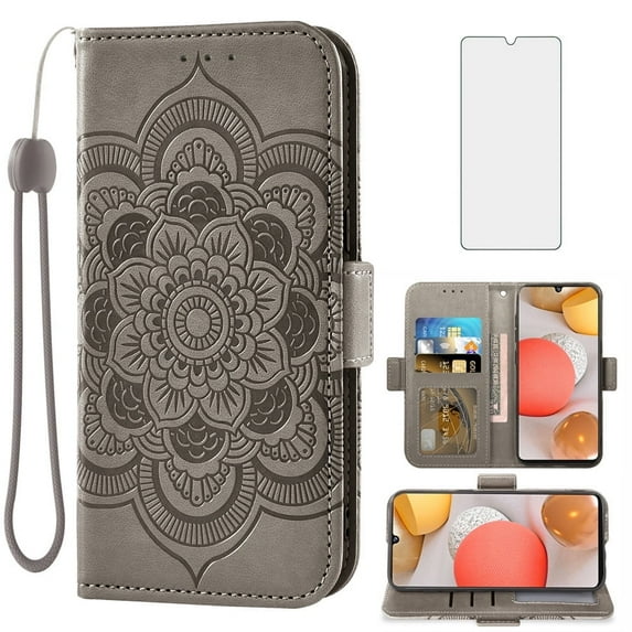 Asuwish Compatible with Samsung Galaxy A42 5G Wallet Case Lanyard Leather Flip Card Holder Stand Wrist Strap Cell Phone Cover for A 42 G5 42A S42 4G 2021 Women Men Gray