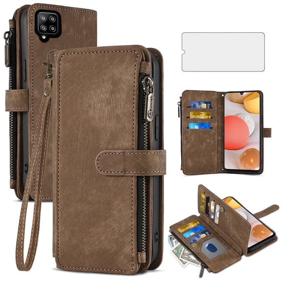 Asuwish Kickstand Hard Shell Wallet Cell Phone Case with Tempered Glass Screen Protector for Samsung Galaxy A42, Brown