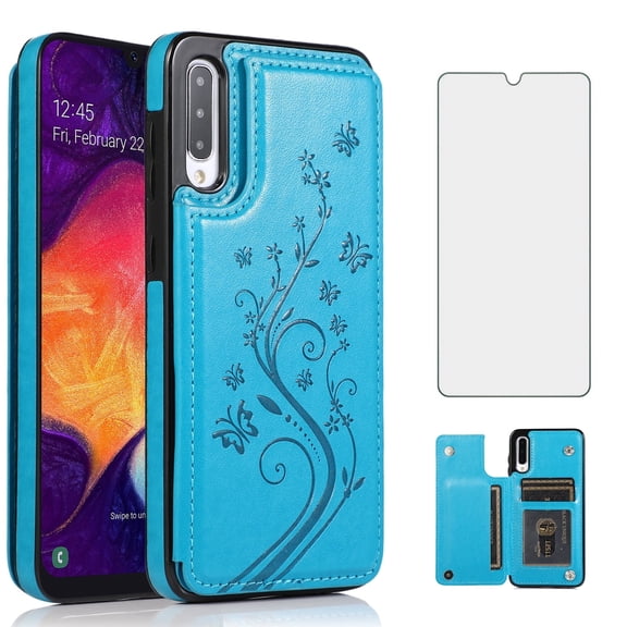 Asuwish Compatible with Samsung Galaxy A50 A50S A30S Wallet Phone Case Tempered Glass Screen Protector and Flower PU Leather Credit Card Holder Stand Cell Cover for A 50 50S 30S S50 50A SM A505G Blue