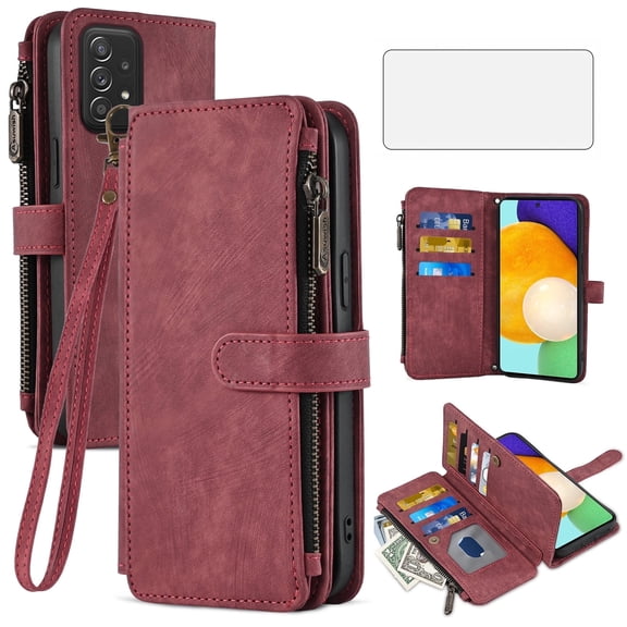 Asuwish Kickstand Hard Shell Wallet Cell Phone Case with Tempered Glass Screen Protector for Samsung Galaxy A52/A52S, Red