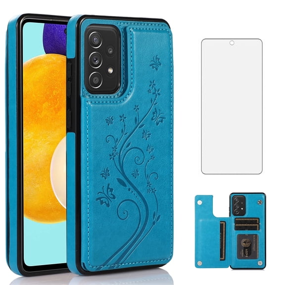 Asuwish Compatible with Samsung Galaxy A52/A52S 5G Wallet Phone Case Tempered Glass Screen Protector and Flower PU Leather Credit Card Holder Stand Cell Cover for A 52 S 4G G5 52A S52 52S Women Blue