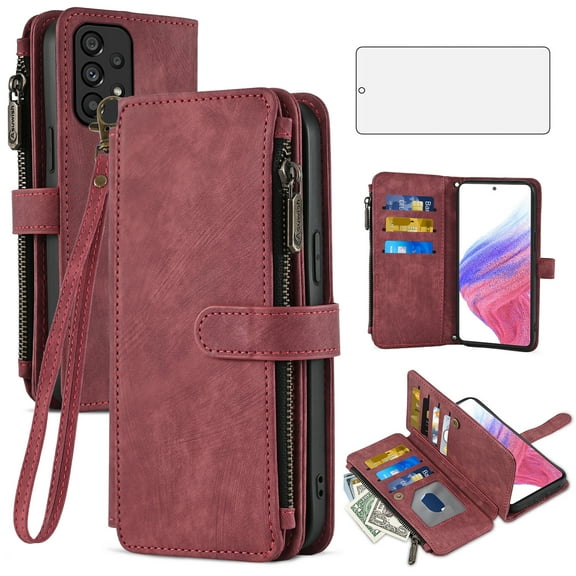 Asuwish Compatible with Samsung Galaxy A53 5G Wallet Phone Case and Tempered Glass Screen Protector Faux Leather Flip Credit Card Holder Zipper Cell Cover for A 53 G5 53A SM A536U 6.5" 2022 Women Red