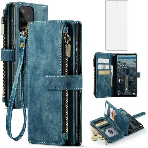 Asuwish Compatible with Samsung Galaxy A53 5G Wallet Phone Case and Tempered Glass Screen Protector Faux Leather Flip Credit Card Holder Zipper Cell Cover for A 53 G5 53A SM A536U 6.5" 2022 Blue