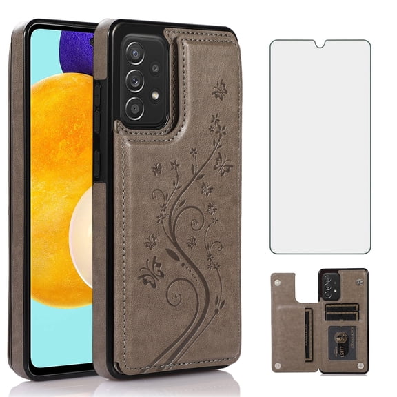 Asuwish Compatible with Samsung Galaxy A53 5G Wallet Phone Case Tempered Glass Screen Protector and Flower PU Leather Credit Card Holder Stand Cell Cover for A 53 G5 53A SM A536U 6.5" 2022 Women Grey