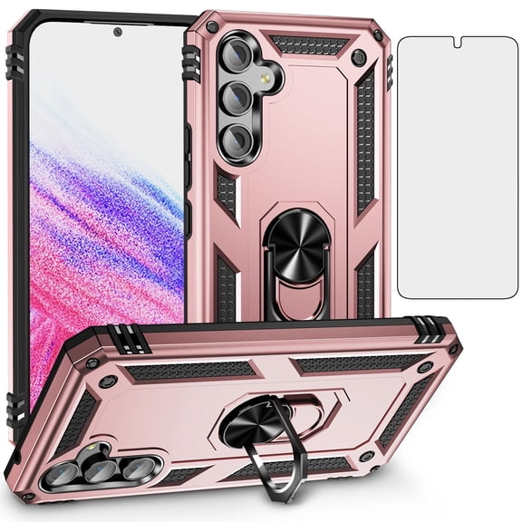 Asuwish Compatible with Samsung Galaxy A54 5G Phone Case Tempered Glass Screen Protector Slim Magnetic Ring Holder Stand Hybrid Protective Cell Cover for A545G A 54 54A 4G G5 SM A546U Women Men Pink