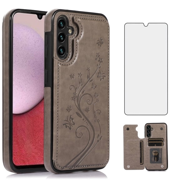 Asuwish Compatible with Samsung Galaxy A54 5G Wallet Phone Case Tempered Glass Screen Protector and Flower PU Leather Credit Card Holder Stand Cell Cover for A545G A 54 54A 4G G5 SM A546U Men Purple