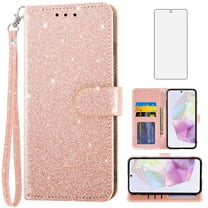 Asuwish Compatible with Samsung Galaxy A55 5G Wallet Phone Case and Tempered Glass Screen Protector Flip Credit Card Holder Stand Bling Glitter Cell Cover for A 55 55A A555G Women Men Pink