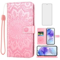 Asuwish Compatible with Samsung Galaxy A55 5G Wallet Phone Case and Tempered Glass Screen Protector Flip Credit Card Holder Stand Mandala Flower Cell Cover for A 55 55A A555G Women Men Pink