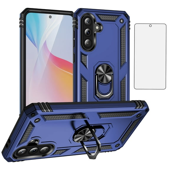 Asuwish Compatible with Samsung Galaxy A56 5G Phone Case Tempered Glass Screen Protector Slim Magnetic Ring Holder Stand Hybrid Protective Cell Cover for A 56 Women Men Blue