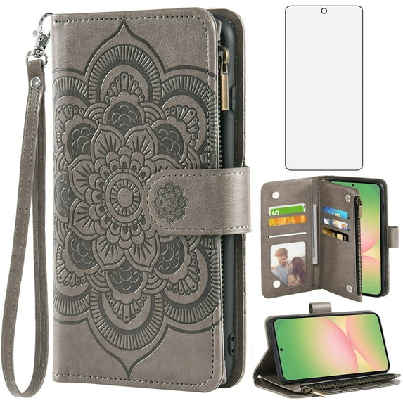 Asuwish Compatible with Samsung Galaxy A56 5G Wallet Phone Case and Tempered Glass Screen Protector Flower Faux Leather Flip Credit Card Holder Stand Zipper Cell Cover for A 56 56A LTE Women Grey