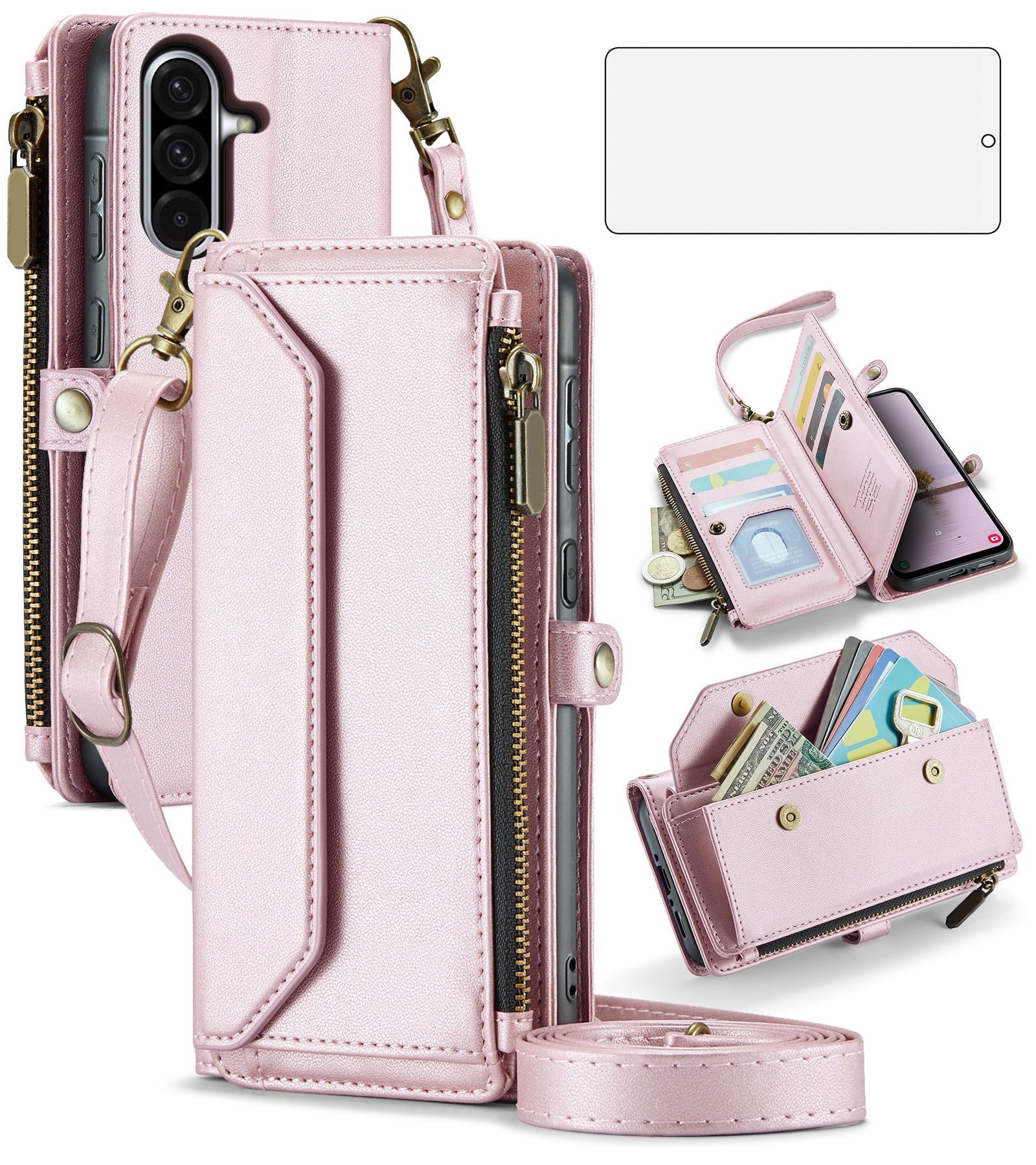Asuwish Compatible with Samsung Galaxy A56 5G Zipper Wallet Phone Case Tempered Glass Screen Protector Crossbody Lanyard Strap Flip Card Holder Slot Cell Cover for A 56 56A LTE Women Girls Rose Gold