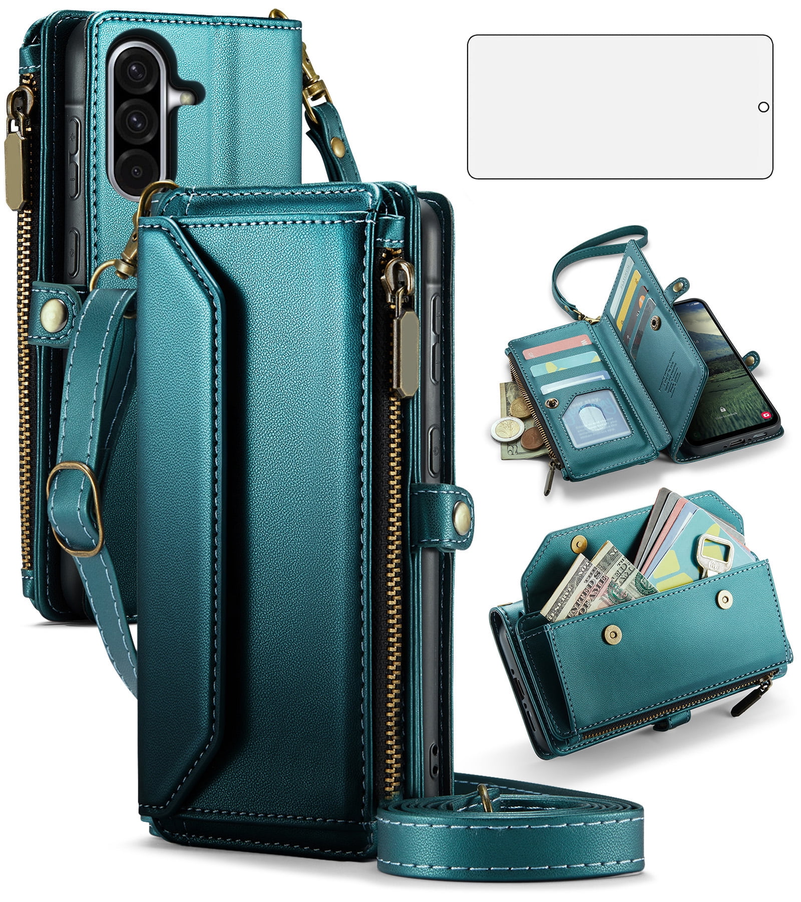 Asuwish Compatible with Samsung Galaxy A56 5G Zipper Wallet Phone Case Tempered Glass Screen Protector Crossbody Lanyard Strap Flip Card Holder Slot Cell Cover for A 56 56A LTE Women Girls Green