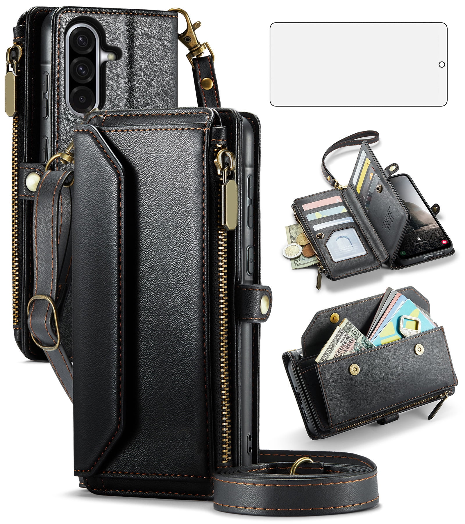 Asuwish Compatible with Samsung Galaxy A56 5G Zipper Wallet Phone Case Tempered Glass Screen Protector Crossbody Lanyard Strap Flip Card Holder Slot Cell Cover for A 56 56A LTE Women Girls Black
